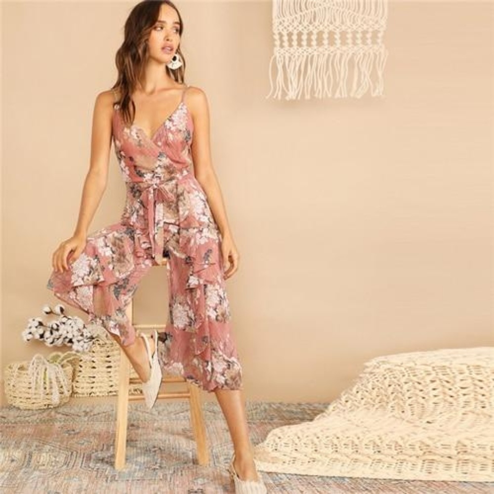 NWOT Boho Neck Botanical Ruffle Wide Leg